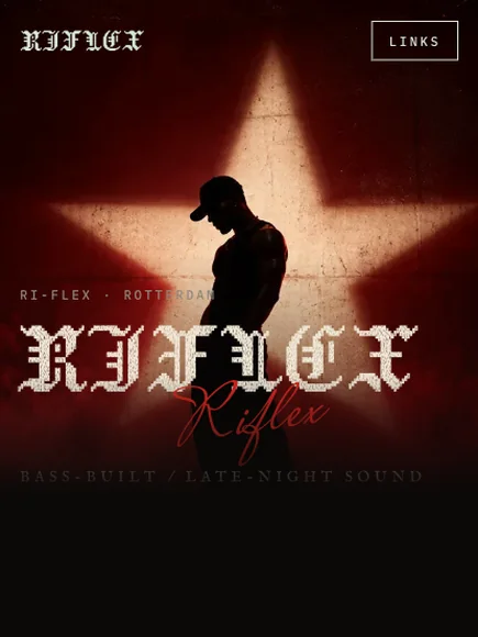 The new RIFLEX homepage on a phone: Ray silhouetted against a white star in red smoke