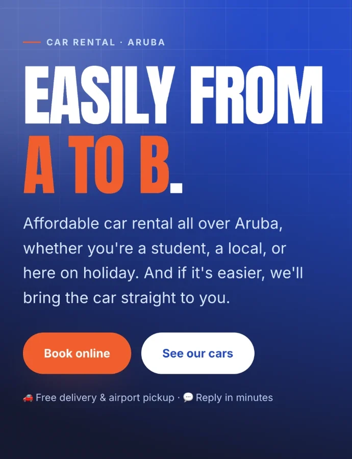 TexCars homepage headline: easily from A to B, car rental in Aruba